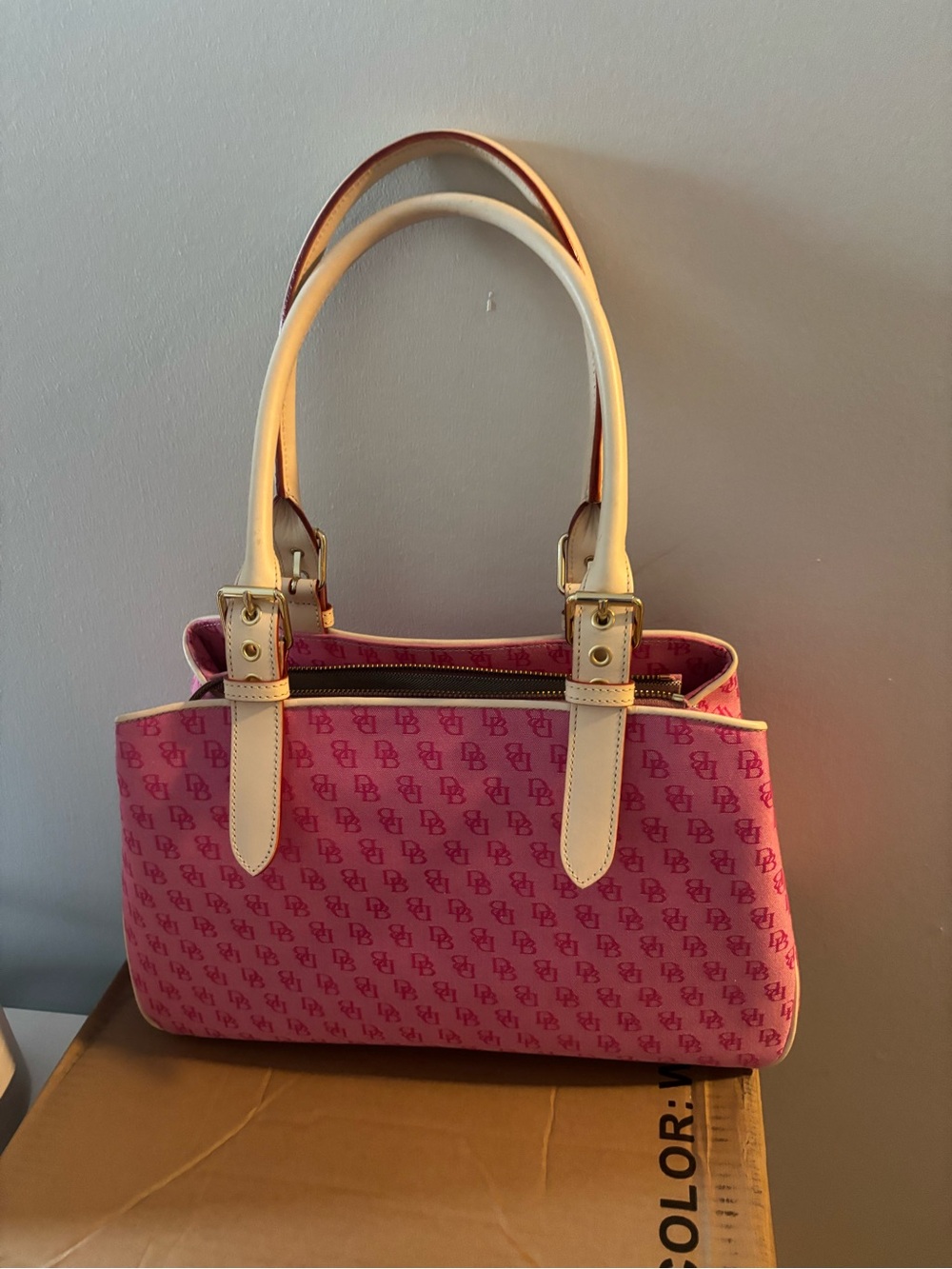 Dooney & Bourke Pink Monogram Shoulder Tote with Cream Handles